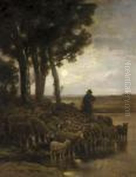 A Shepherd And His Flock In A Moonlight Landscape Oil Painting by Charles Emile Jacque