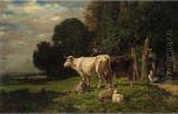 Paysage Avec Vaches Et Moutons Oil Painting by Charles Emile Jacque