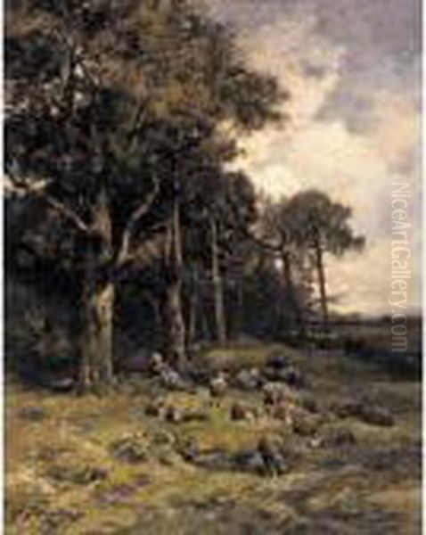 Shepherdess Resting With Her Flock Oil Painting by Charles Emile Jacque