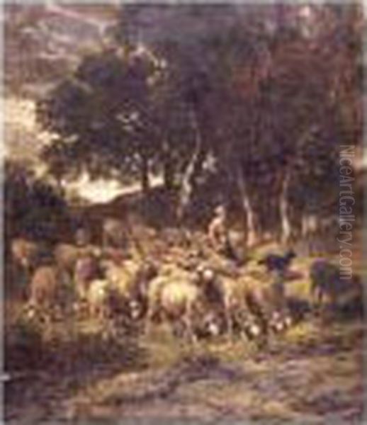 A Shepherdess And Her Flock Oil Painting by Charles Emile Jacque