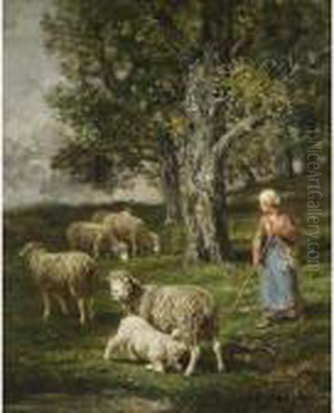 A Shepherdess With Her Flock Oil Painting by Charles Emile Jacque