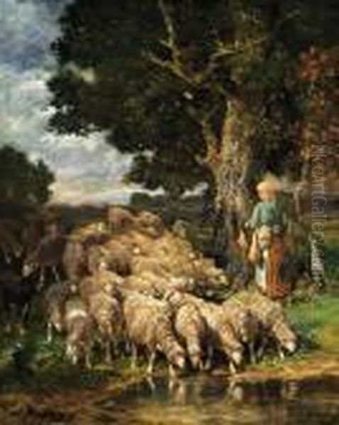 A Shepherdess With Her Flock Near A Stream Oil Painting by Charles Emile Jacque