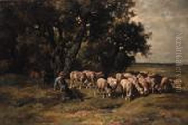 A Shepherd With His Flock Oil Painting by Charles Emile Jacque