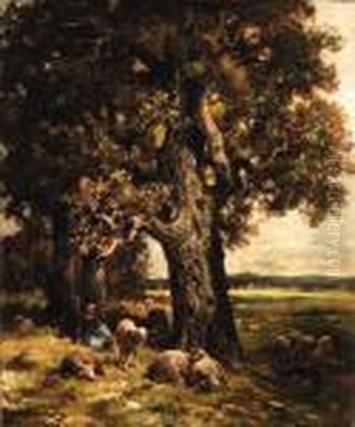 A Shepherdess Resting With Her Flock Oil Painting by Charles Emile Jacque