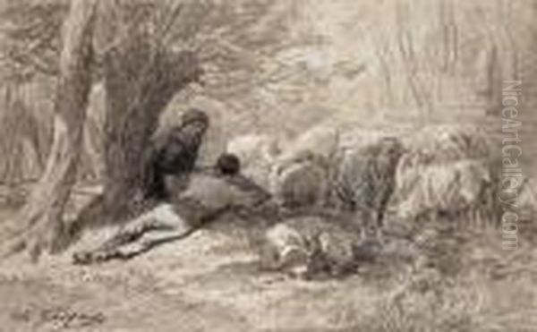 Tending The Sheep Oil Painting by Charles Emile Jacque