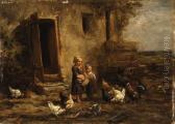 Children Feeding The Chickens Oil Painting by Charles Emile Jacque