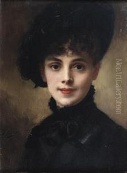 Portrait De Femme Au Chapeau Noir Oil Painting by Gustave Jean Jacquet