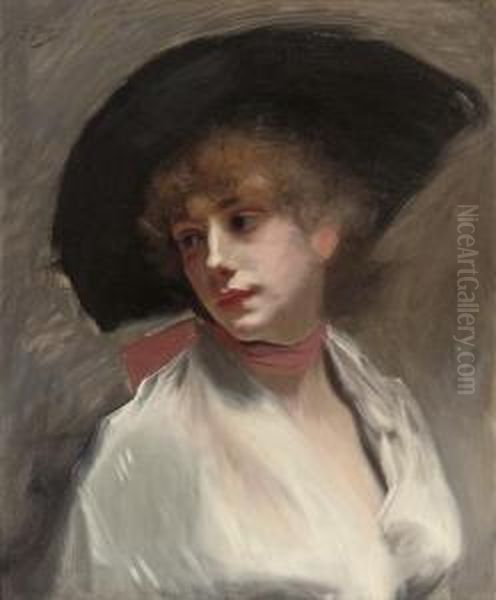 An Elegant Lady In A Black Hat Oil Painting by Gustave Jean Jacquet