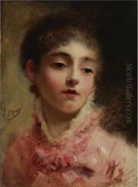 Young Woman In A Pink Dress Oil Painting by Gustave Jean Jacquet