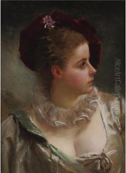 Young Beauty With Red Hat Oil Painting by Gustave Jean Jacquet