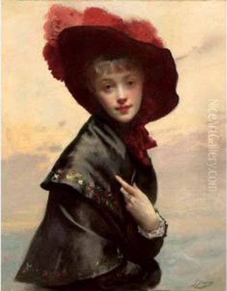 Portrait Of A Young Woman In A Black Hat And Red Feathers Oil Painting by Gustave Jean Jacquet