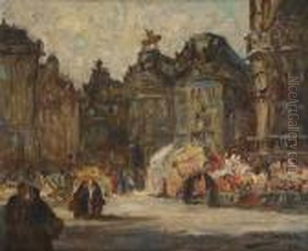 Marche Aux Fleurs A La Grand Place De Bruxelles Oil Painting by Armand Jamar