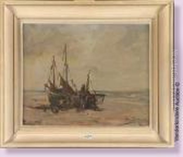 Bateaux Echoues Sur La Plage Oil Painting by Armand Jamar