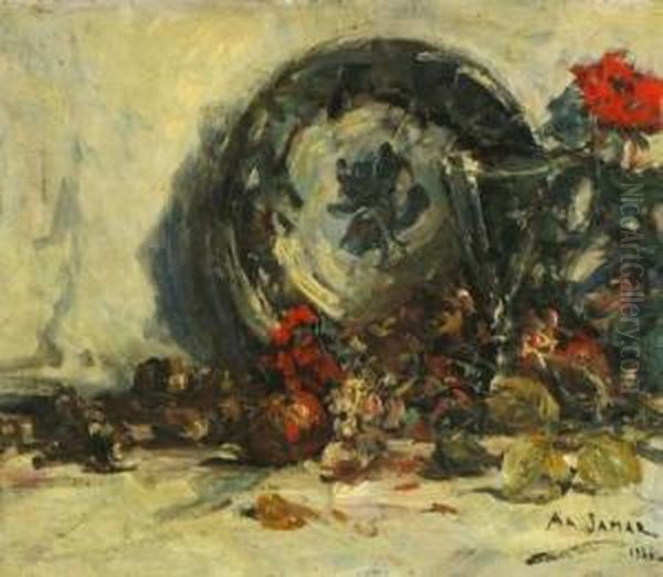 Still Life And Red Flower Oil Painting by Armand Jamar