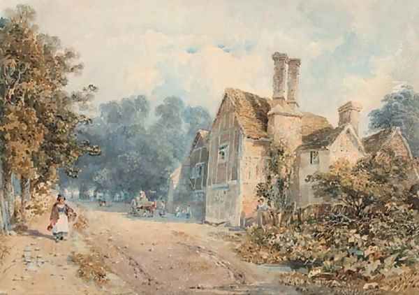 Figures on a country road passing a Tudor manor house Oil Painting by Richard Noble