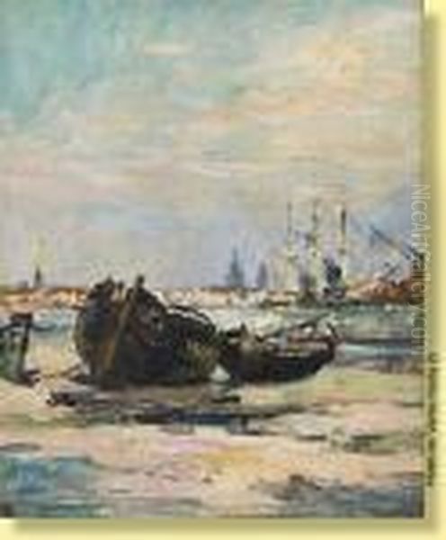 Barque Echouee Au Port De Calais Oil Painting by Armand Jamar