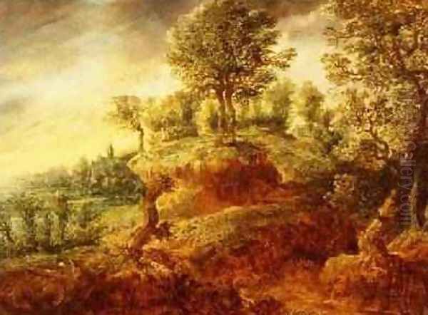 A wooded landscape with a wagon on a path and a church beyond Oil Painting by Gilles Neyts