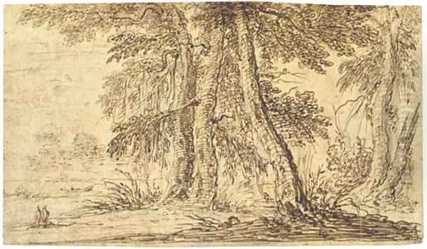 A copse of mature trees with two figures Oil Painting by Gilles Neyts