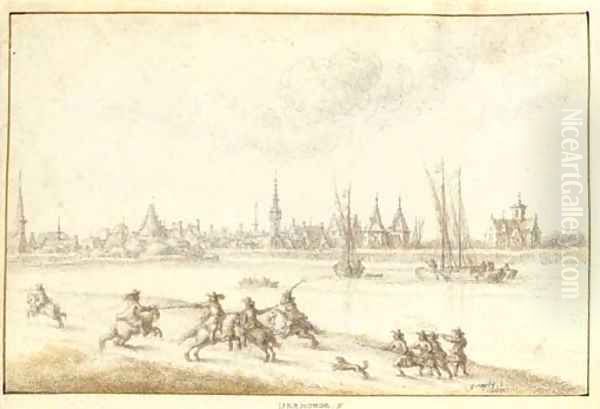 View of Dendermonde seen across the River Schelde, a cavalry skirmish in the foreground Oil Painting by Gilles Neyts