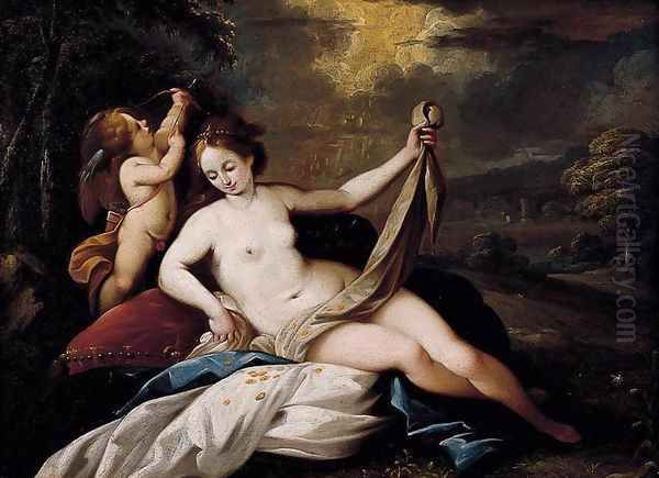 Venus and Cupid in a Landscape Oil Painting by Giuseppe Nuvolone