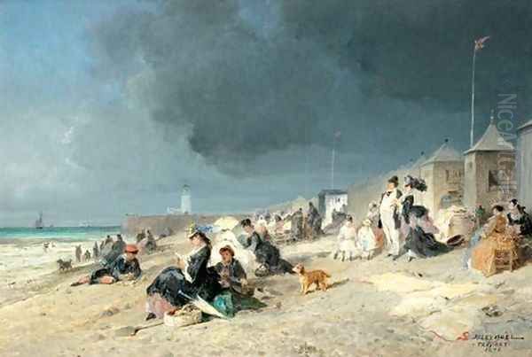 La plage du Tréport, 1876 Oil Painting by Jules Achille Noel