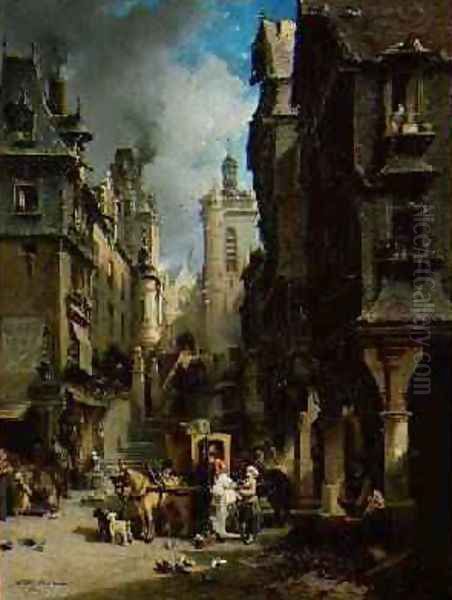 Street Scene at Morlaix in 1830 1870 Oil Painting by Jules Achille Noel