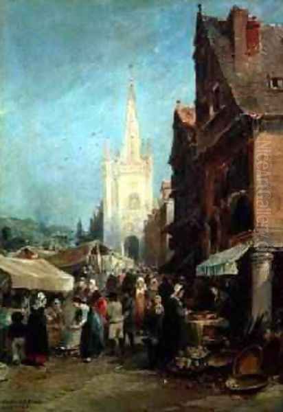 Market at Hennebont Oil Painting by Jules Achille Noel