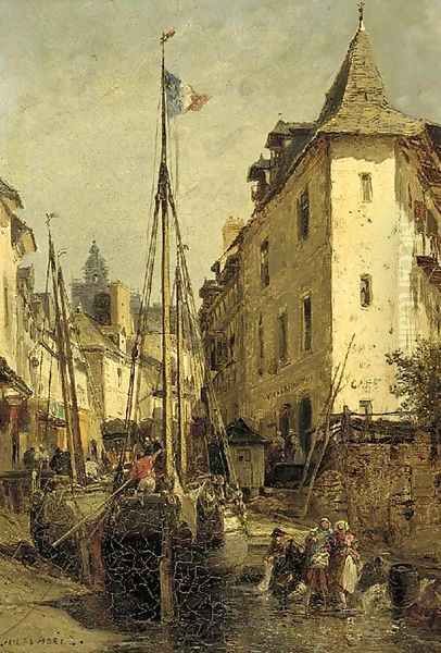 A French fishing port Oil Painting by Jules Achille Noel