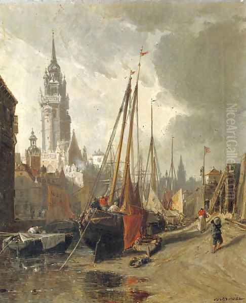 Boats moored in a harbour, Normandy Oil Painting by Jules Achille Noel