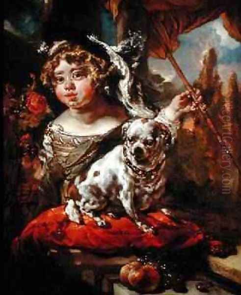 A Portrait of a Boy Wearing a Plumed Hat Holding a Falcon and Spear with a Pug Seated Before Him 1675 Oil Painting by Jan or Joan van Noordt