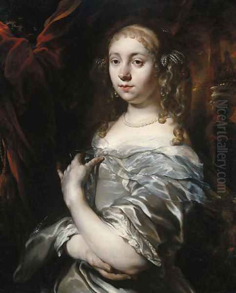 Portrait of a lady, half-length, wearing pearls and a grey satin gown with a blue shawl, an ornamental garden beyond Oil Painting by Jan or Joan van Noordt