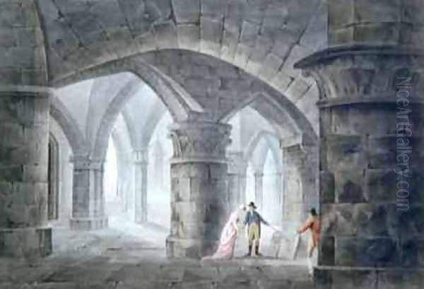 Tourists visiting the tomb of Henri de La Tour dAuvergne 1611-75 Vicomte de Turenne in the crypt of the church of SaintDenis 1809 Oil Painting by John Claude Nattes