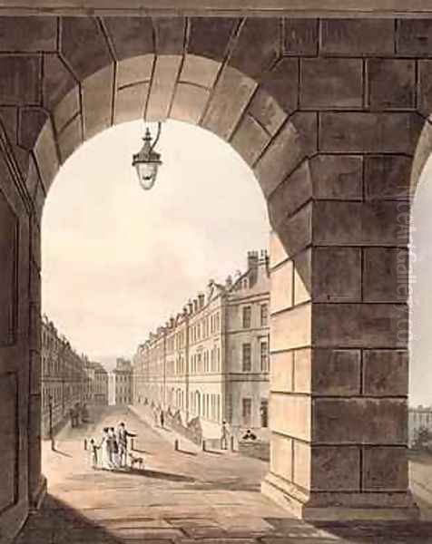 Pulteney Street Terminating in Laura Place seen through the Gateway of Sydney Gardens from Bath Illustrated by a Series of Views 1806 Oil Painting by John Claude Nattes