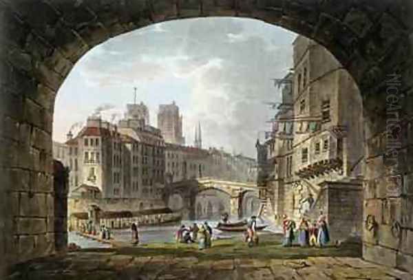 View of the Pont du Chatelet and NotreDame Cathedral 1810 Oil Painting by John Claude Nattes