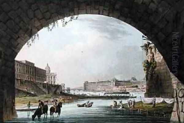 Panorama of the River Seine seen from beneath the Pont Neuf looking West towards the Louvre Oil Painting by John Claude Nattes