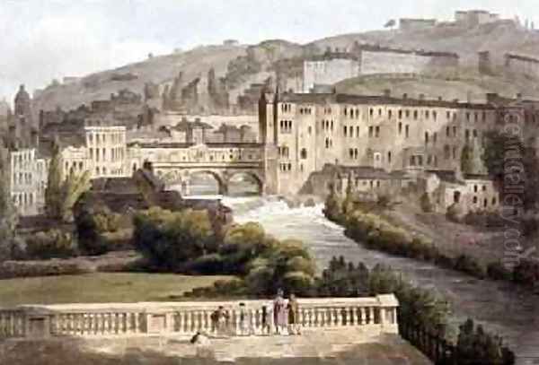 Pulteney Bridge from Bath Illustrated by a Series of Views Oil Painting by John Claude Nattes