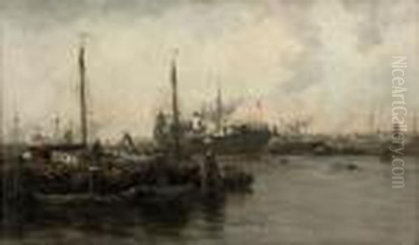 Boats In A Dutch Harbour by Willem George Fred. Jansen