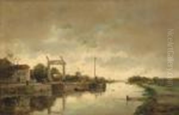 Landscape With A Boat On A Canal By A Draw Bridge Oil Painting by Willem George Fred. Jansen