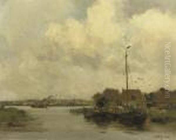 A View Of A Riverside Town Oil Painting by Willem George Fred. Jansen