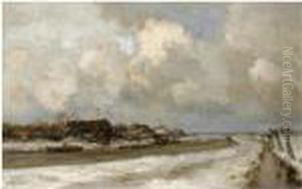 Farm Houses Along A Wintry Canal Oil Painting by Willem George Fred. Jansen