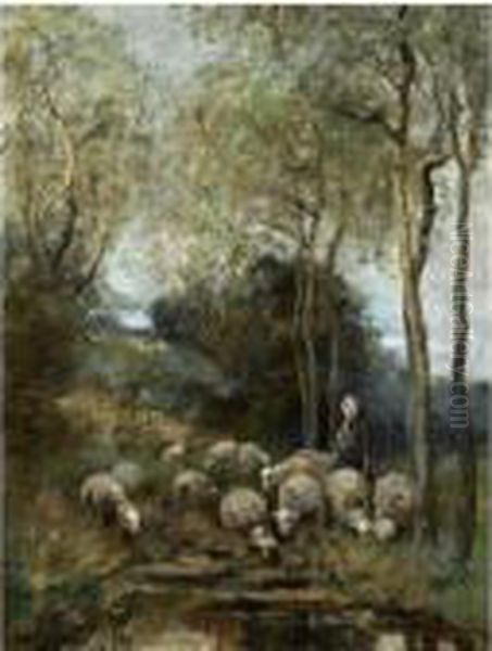 A Sheperdess With Her Flock In The Dunes by Willem George Fred. Jansen