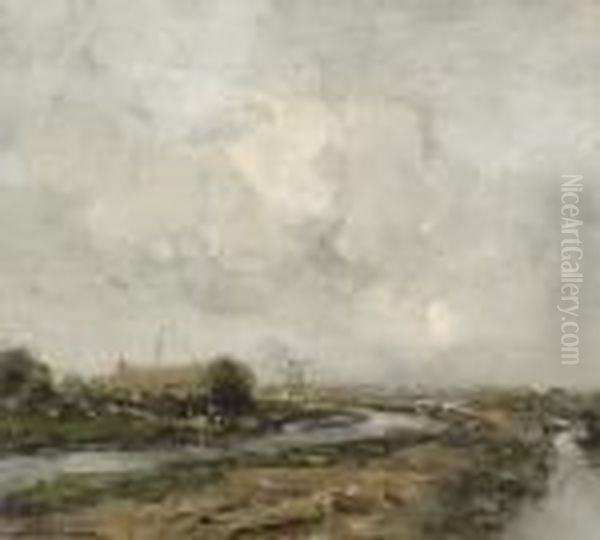 Road Along Water With A Millin The Background Oil Painting by Willem George Fred. Jansen