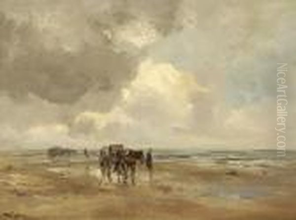 Man With Horse And Cart Onthe Beach Oil Painting by Willem George Fred. Jansen