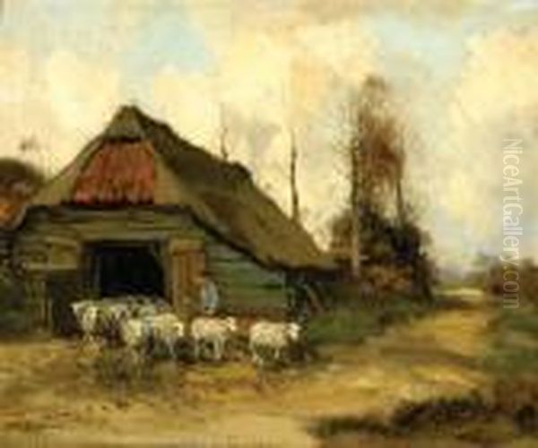 A Shepherd With His Flocknear A Barn Oil Painting by Willem George Fred. Jansen