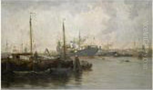 A Busy Harbour Oil Painting by Willem George Fred. Jansen