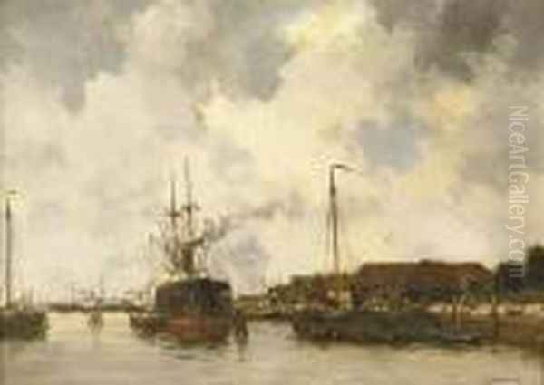 A Busy Day In The Harbour Of Harlingen Oil Painting by Willem George Fred. Jansen