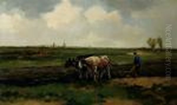 A Farmer Ploughing In A Landscape Oil Painting by Willem George Fred. Jansen