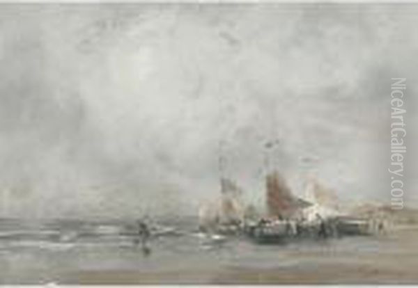 Fishing Boats And Shellfishers On A Breezy Day Oil Painting by Willem George Fred. Jansen