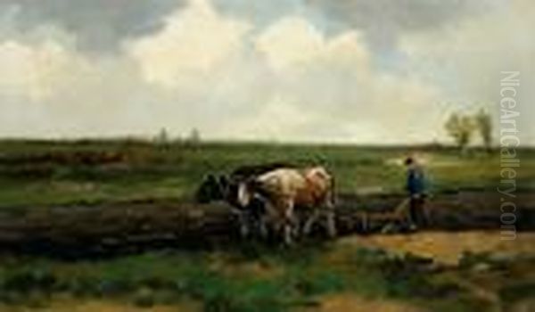 A Ploughing Farmer In A Landscape Oil Painting by Willem George Fred. Jansen