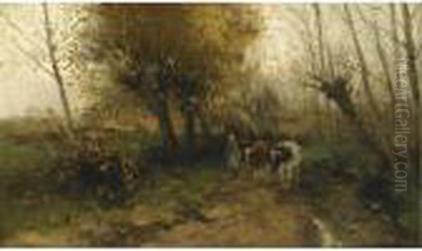 A Cowherdess With Her Cattle On A Country Lane Oil Painting by Willem George Fred. Jansen